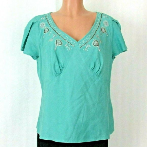 Lane Bryant Tops - Lane Bryant 14 16 Aqua Linen Blend Top Silver Stitching Clear and Brown Beads